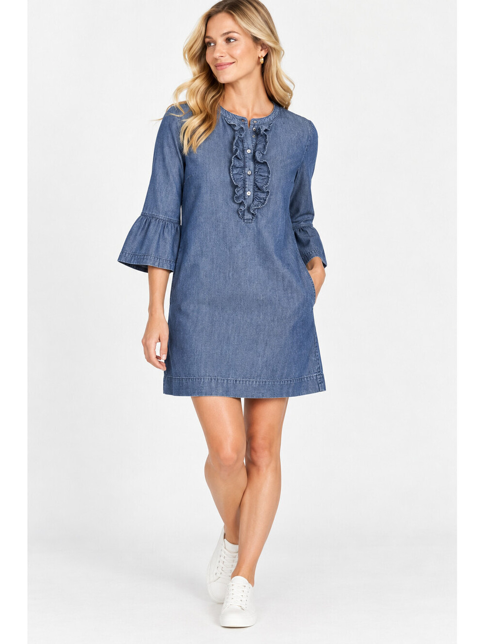 Draper James Women's Shift Denim Dress Size 6 Chambray Ruffle Bell Sleeve